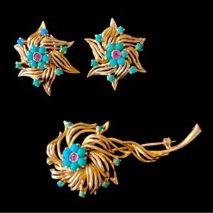 10K GOLD Brooch & Earrings Turquoise & Rubies Antique Set